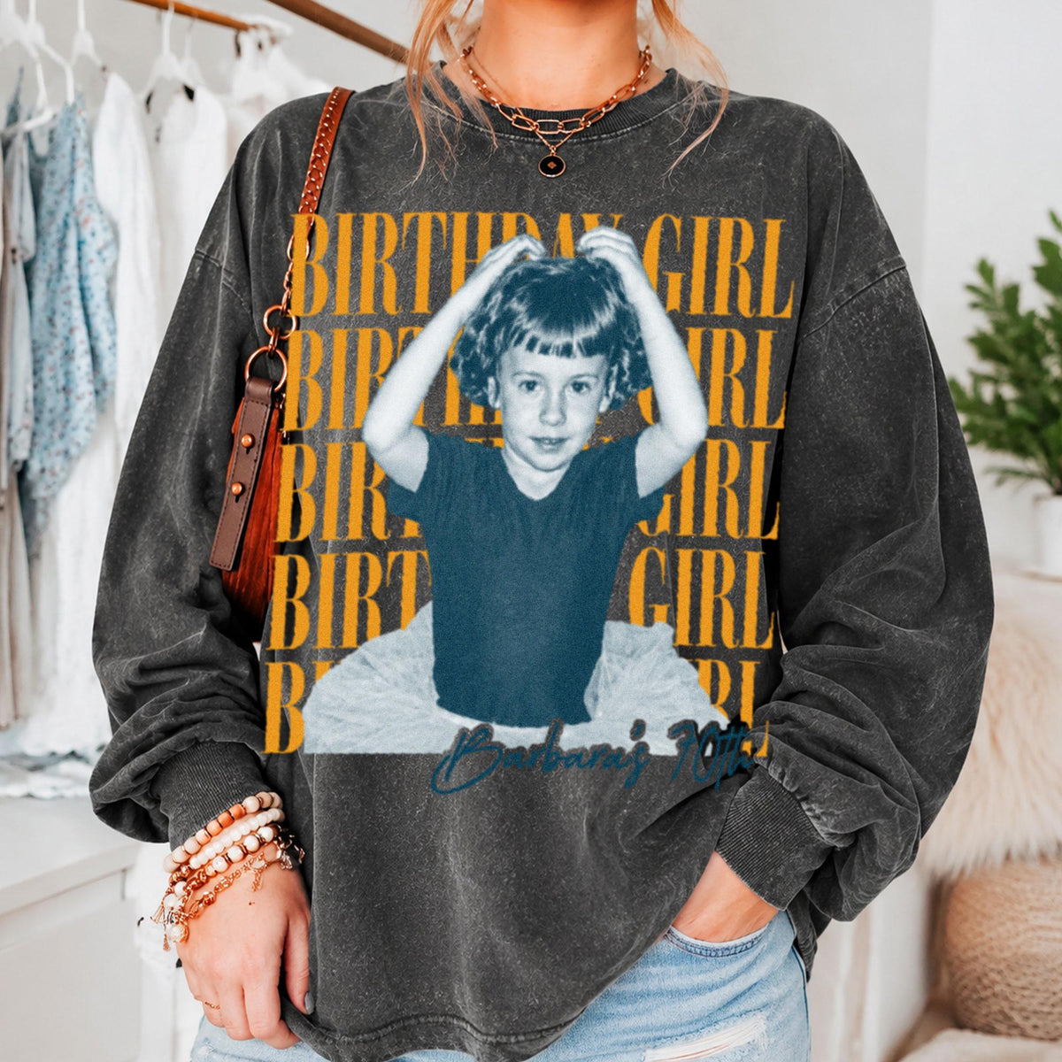 Custom 70th Birthday T-Shirt & Long Gradient Washed Shirt, Personalized Birthday Girl Sweatshirt, Personalized Photo Shirt, Birthday Gift