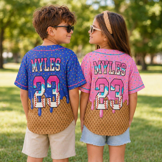 Personalized Ice Cream Waffle Cone Baseball Jersey, Custom Name and Number Baseball Jersey, Matching Youth Sports Outfit, Fun Summer Gift