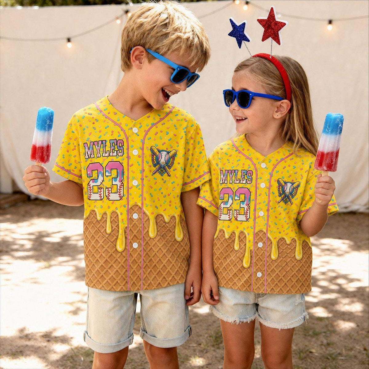 Personalized Ice Cream Waffle Cone Baseball Jersey, Custom Name and Number Baseball Jersey, Matching Youth Sports Outfit, Fun Summer Gift