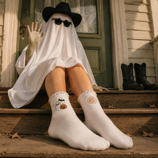 Custom Embroidered Monogram Ghost Pumpkin Socks, Halloween Ruffle Socks, Spooky Season Gift Idea