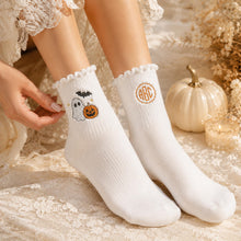 Custom Embroidered Monogram Ghost Pumpkin Socks, Halloween Ruffle Socks, Spooky Season Gift Idea