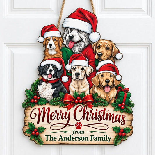 Personalized Christmas Dog Door Hanger, Merry Christmas Family Wood Sign, Custom Dog Front Door Decor, Holiday Pet Family Welcome Sign