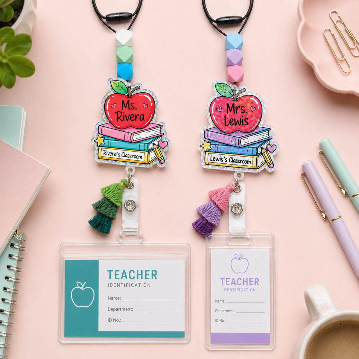 Custom Teacher Name Acrylic Beaded ID Holder with Lanyard, Personalized Back To School Gift, Teacher Appreciation, Educator Gifts