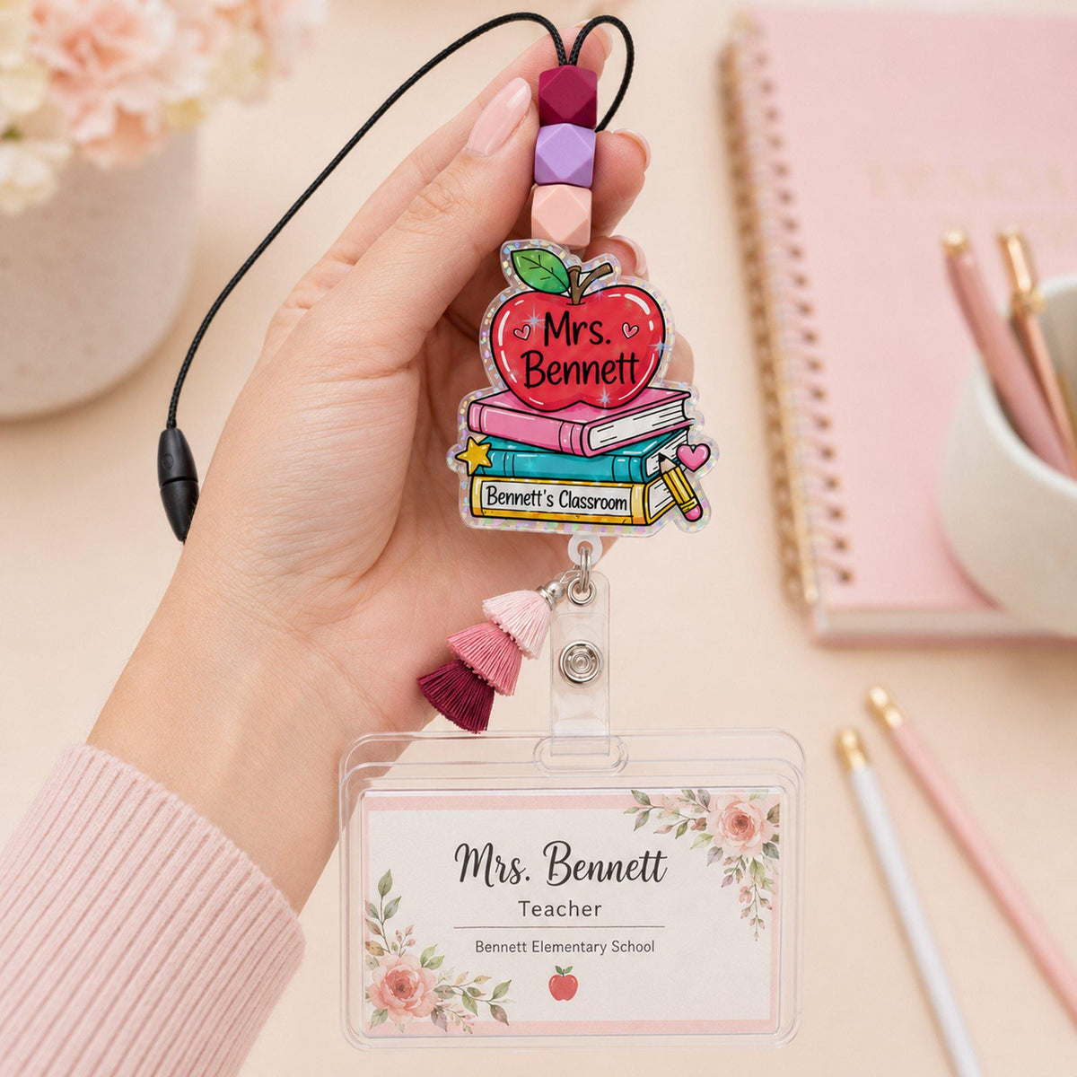 Custom Teacher Name Acrylic Beaded ID Holder with Lanyard, Personalized Back To School Gift, Teacher Appreciation, Educator Gifts
