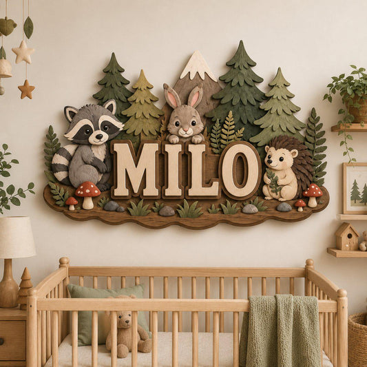 Personalized Woodland Baby Name Sign, Custom Forest Animal Nursery Decor, Wooden Baby Name Plaque, Bunny Fox Raccoon Nursery Sign