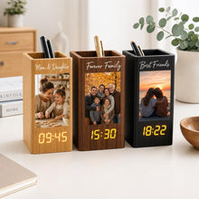 Custom Family Photo With Kid Pen Holder With Clock, Personalized Gift For Him Her, Desk Decor, Photo Frame Wood Pen Holder Clock