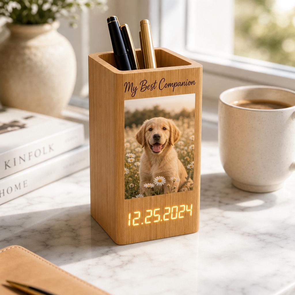 Custom Family Photo With Kid Pen Holder With Clock, Personalized Gift For Him Her, Desk Decor, Photo Frame Wood Pen Holder Clock