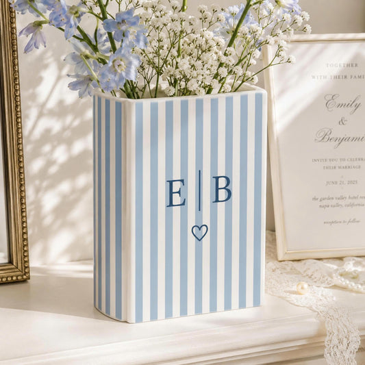 Custom Couple Name Striped Book Vase, Personalized Wedding Ceramic Flower Vase, Anniversary Gift, Couple Keepsake, Newlywed Home Decor