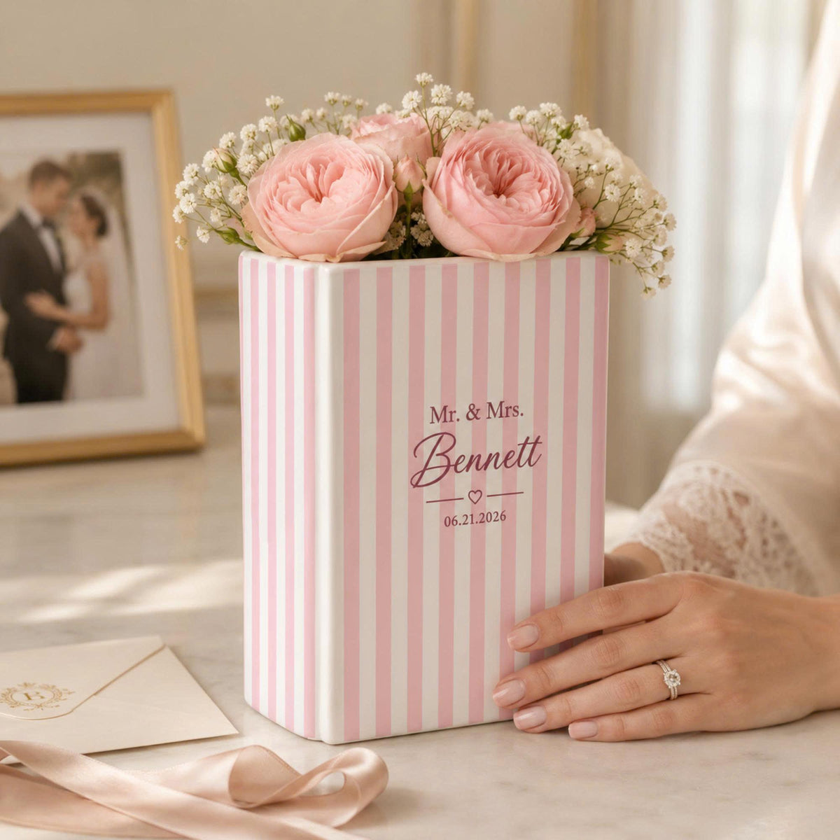 Custom Couple Name Striped Book Vase, Personalized Wedding Ceramic Flower Vase, Anniversary Gift, Couple Keepsake, Newlywed Home Decor