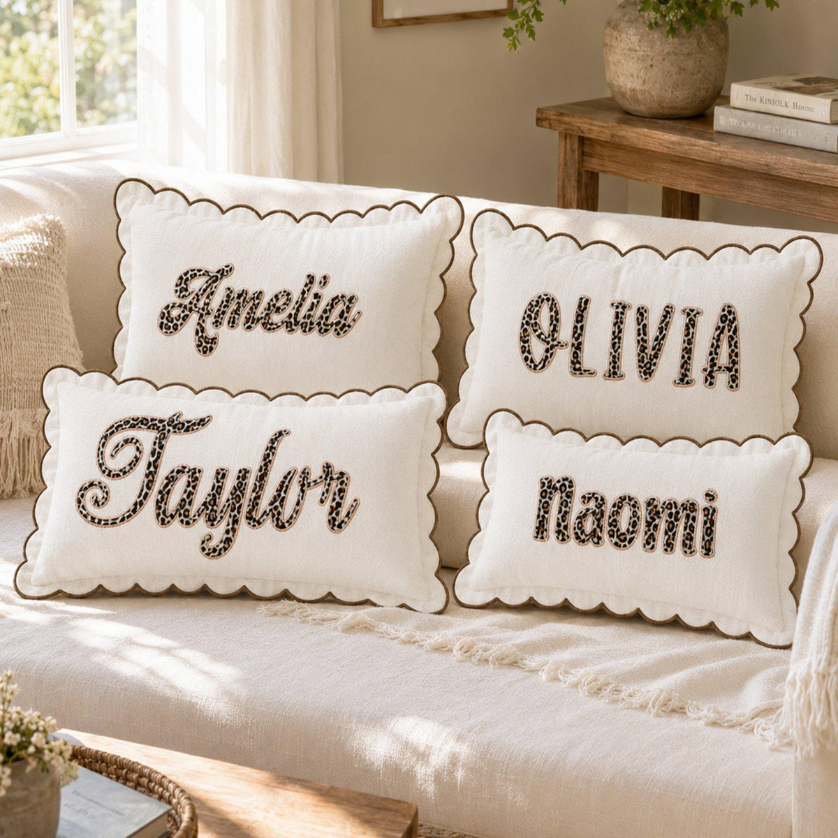 Embroidered Custom Name Leopard Print Scallop Pillow Cover, Personalized Fabric Applique Pillowcase, Housewarming Gift, Living Room Decor