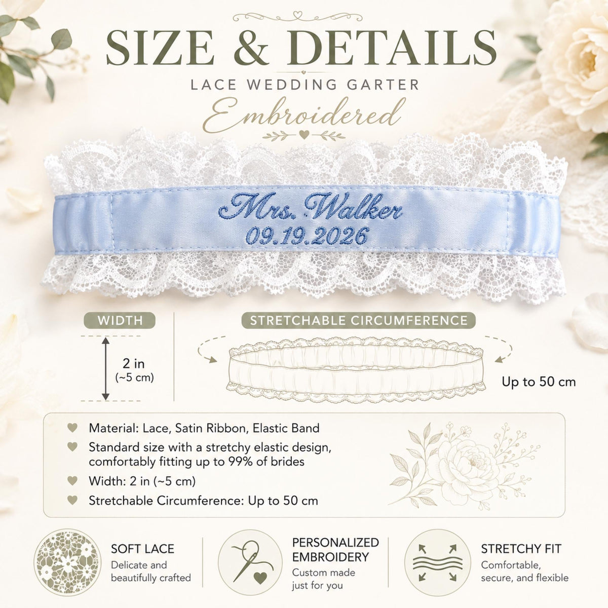 Custom Embroidered Mrs Name Cowgirl Lace Wedding Garter, Personalized Embroidery Lace Bridal Garter, A Timeless Keepsake For Wedding Day