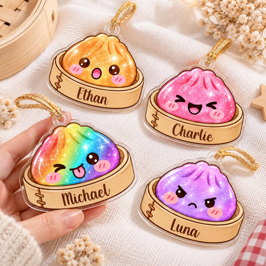 Personalized Dumpling Ornament, Custom Name Kawaii Food Ornament, Cute Acrylic Christmas Ornament, Holographic Window Hanging Gift