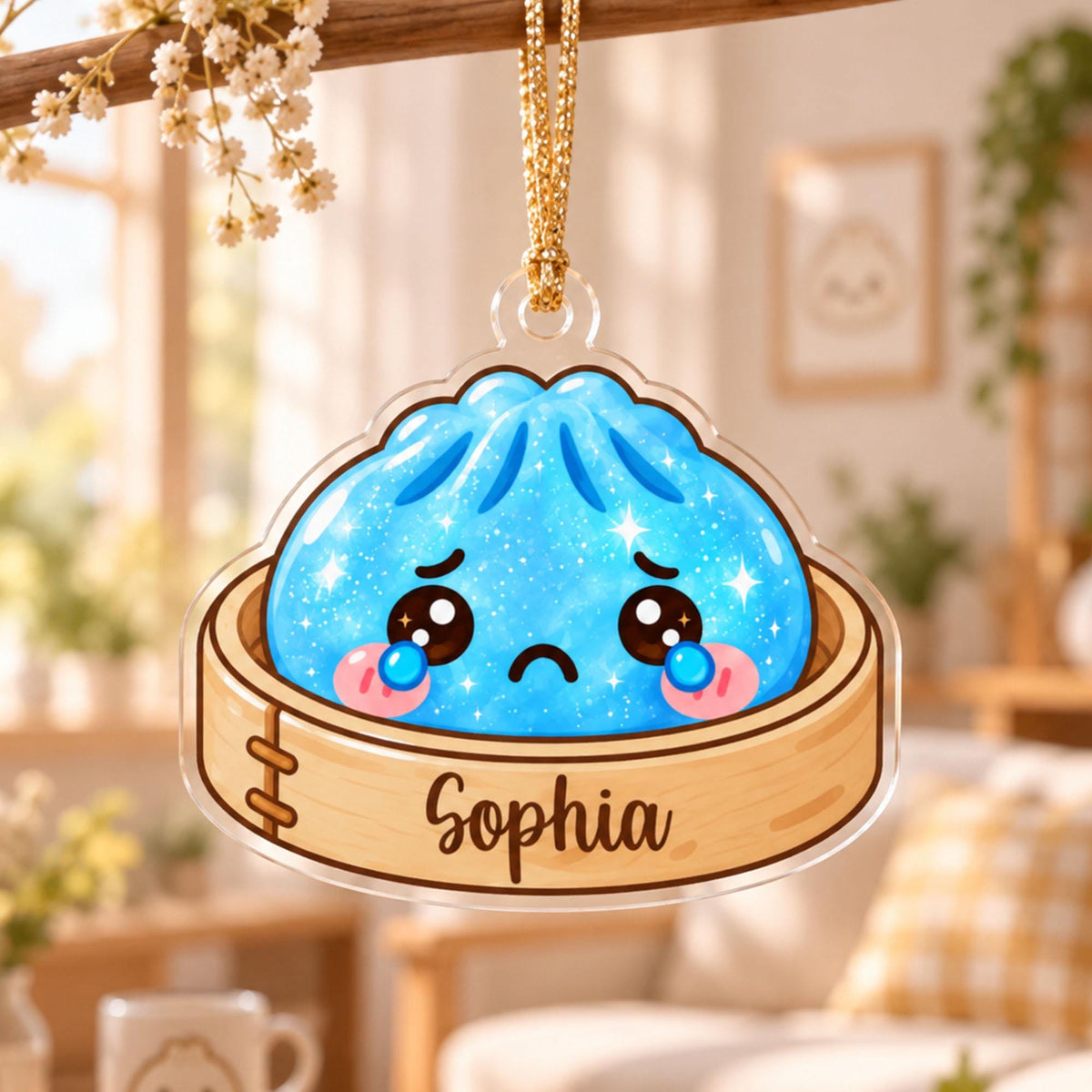 Personalized Dumpling Ornament, Custom Name Kawaii Food Ornament, Cute Acrylic Christmas Ornament, Holographic Window Hanging Gift
