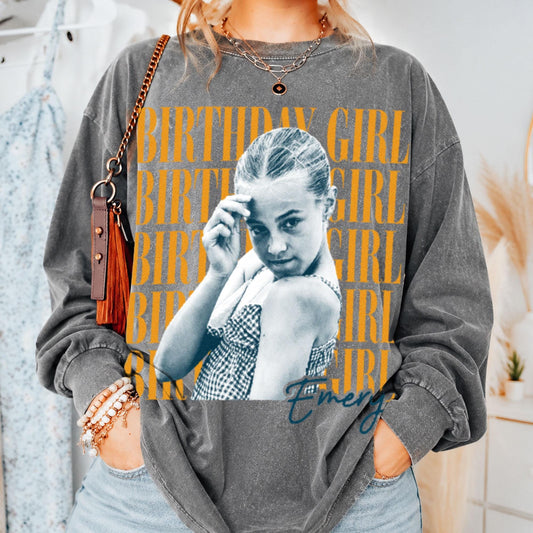 Custom Birthday Girl T-Shirt + Long Gradient Washed Shirt, Personalized Photo Shirt, Retro Birthday Tee, Vintage Washed Birthday Apparel