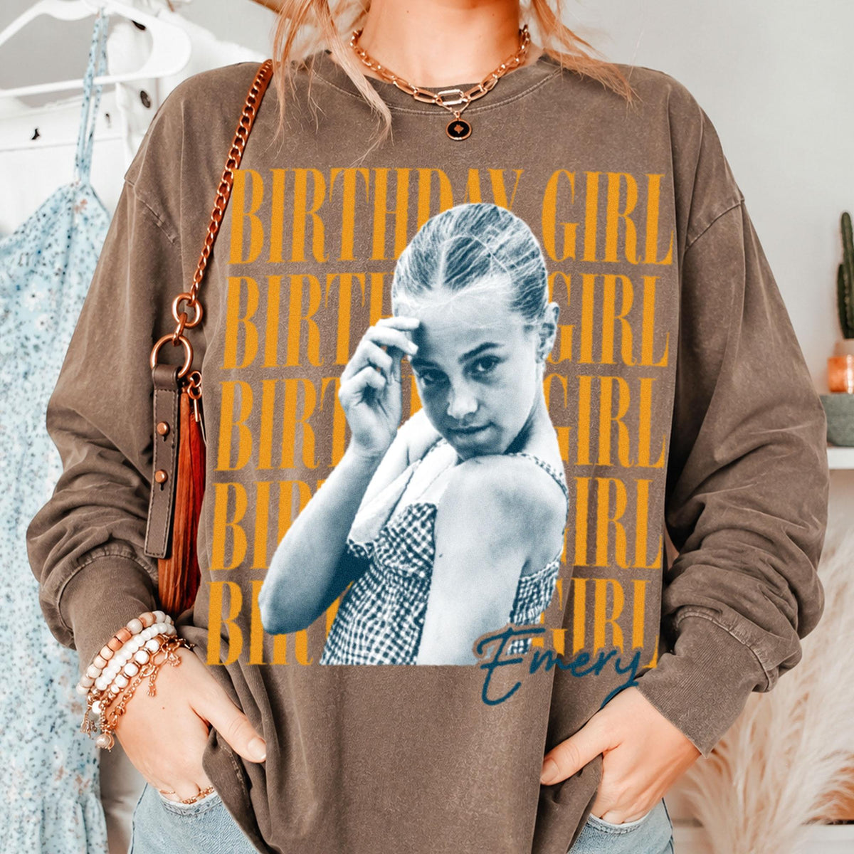 Custom Birthday Girl T-Shirt + Long Gradient Washed Shirt, Personalized Photo Shirt, Retro Birthday Tee, Vintage Washed Birthday Apparel