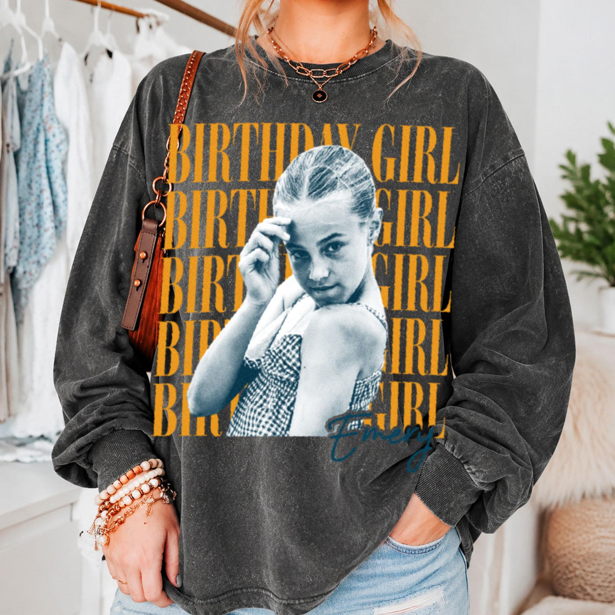 Custom Birthday Girl T-Shirt + Long Gradient Washed Shirt, Personalized Photo Shirt, Retro Birthday Tee, Vintage Washed Birthday Apparel