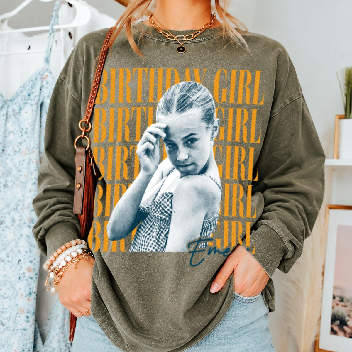 Custom Birthday Girl T-Shirt + Long Gradient Washed Shirt, Personalized Photo Shirt, Retro Birthday Tee, Vintage Washed Birthday Apparel