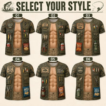 Custom Fishing Trip Survival Fake Abs T-Shirt, Funny 3D Muscle Fishing Vest Illusion Tee, Novelty Fisherman Outfit, Gag Gift for Him