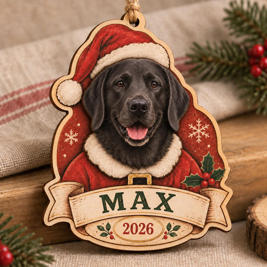 Personalized Dog Portrait 2 Layer Wood Ornament, Custom Pet Photo Name and Year Santa Hat Christmas Keepsake Gift for Dog Lovers