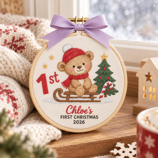 Embroidered Custom Baby Name Teddy Bear Christmas Ornament, Personalized Newborn Keepsake, Milestone Ornament, Holiday Home Decor