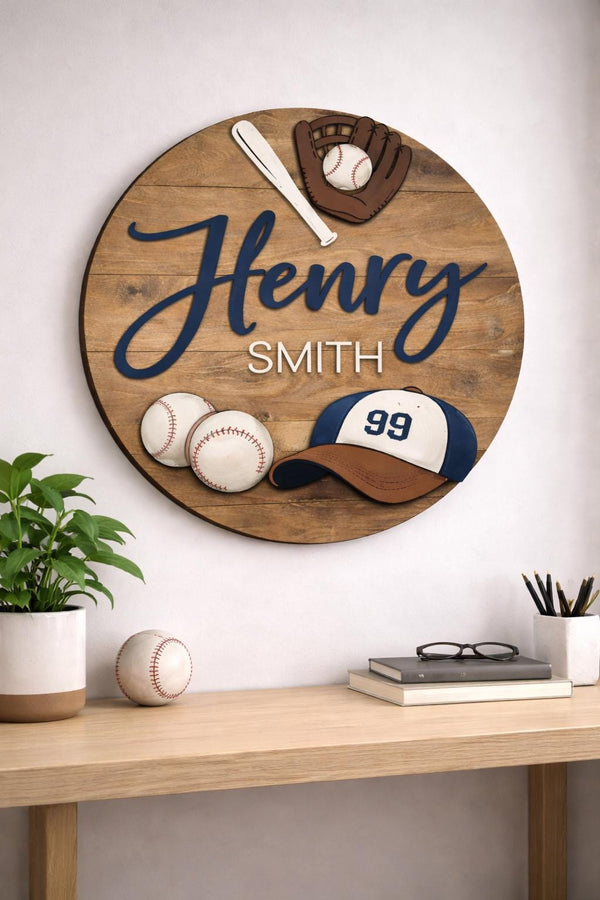 Custom 3D Wood Sport Baseball Baby Name Sign: Nursery Decor with Baseball For Boys Room Wooden Hanging