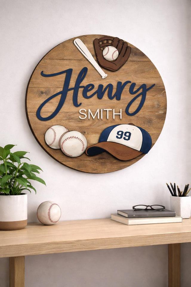 Custom 3D Wood Sport Baseball Baby Name Sign: Nursery Decor with Baseball For Boys Room Wooden Hanging