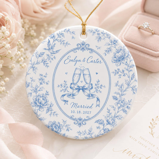 Custom Toile De Jouy Wedding Ceramic Ornament, Personalized Engagement Ornament, Newlywed Couple Gift, Bride and Groom Keepsake