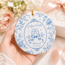 Custom Toile De Jouy Wedding Ceramic Ornament, Personalized Engagement Ornament, Newlywed Couple Gift, Bride and Groom Keepsake