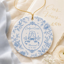 Custom Toile De Jouy Wedding Ceramic Ornament, Personalized Engagement Ornament, Newlywed Couple Gift, Bride and Groom Keepsake