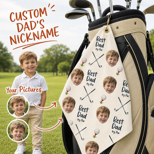 Custom Kid Face Golf Towel, Best Dad By Par Golf Gift, Funny Christmas Gift Ideas, Personalized Towel For Golf Lovers