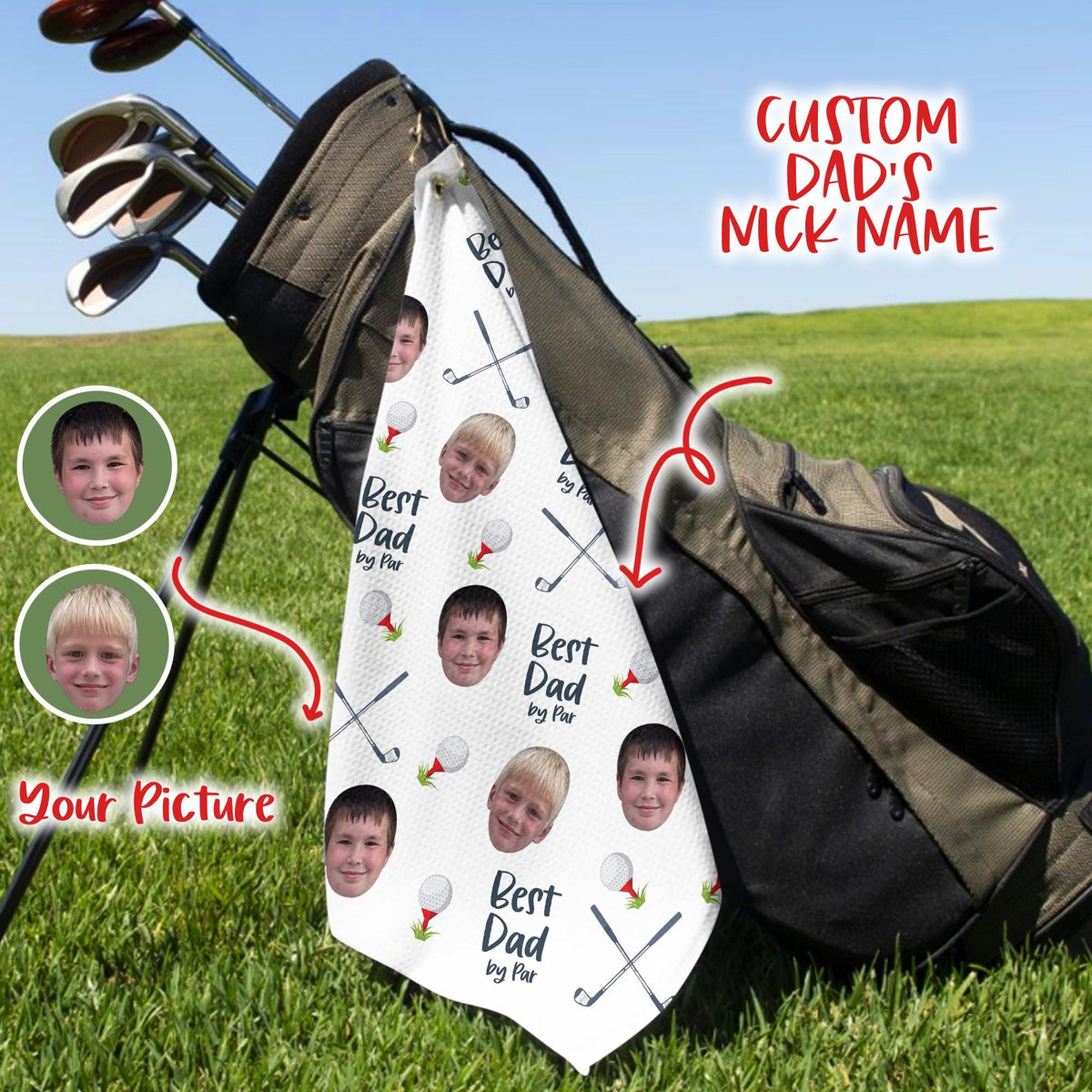 Custom Kid Face Golf Towel, Best Dad By Par Golf Gift, Funny Christmas Gift Ideas, Personalized Towel For Golf Lovers