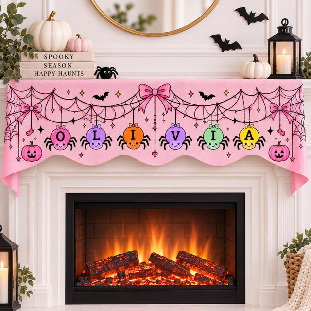 Personalized Pink Halloween Fireplace Mantel Scarf, Custom Name Letter Medallions with Spiderwebs Bows Bats and Jack O Lantern Decor