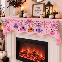 Personalized Pink Halloween Fireplace Mantel Scarf, Custom Name Letter Medallions with Spiderwebs Bows Bats and Jack O Lantern Decor