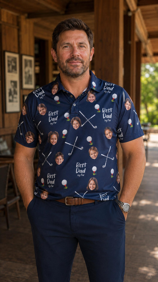Best Dad By Par Polo Shirt with Custom Kid Face Photo Portrait, Christmas Gift, Personalized Short Sleeve Golf Lover Shirt, Dad Birthday