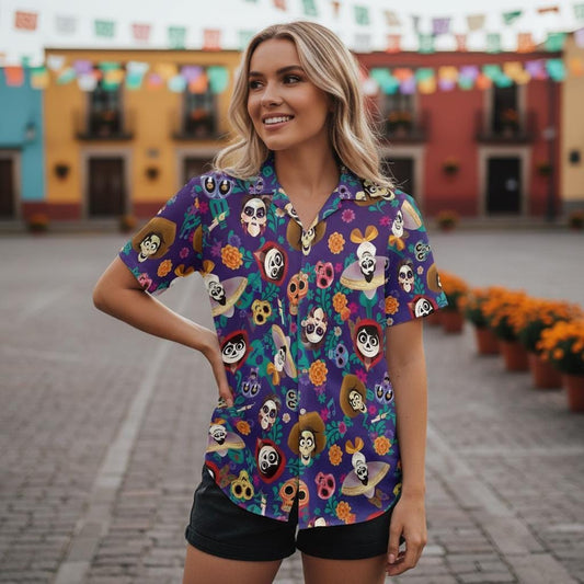 Day Of The Dead Hawaiian Shirt, Dia De Los Muertos Button Up, Purple Sugar Skull Short Sleeve Shirt, Mexican Fiesta Vibe Patterned Blouse