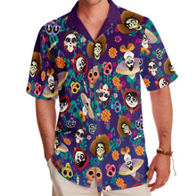 Day Of The Dead Hawaiian Shirt, Dia De Los Muertos Button Up, Purple Sugar Skull Short Sleeve Shirt, Mexican Fiesta Vibe Patterned Blouse