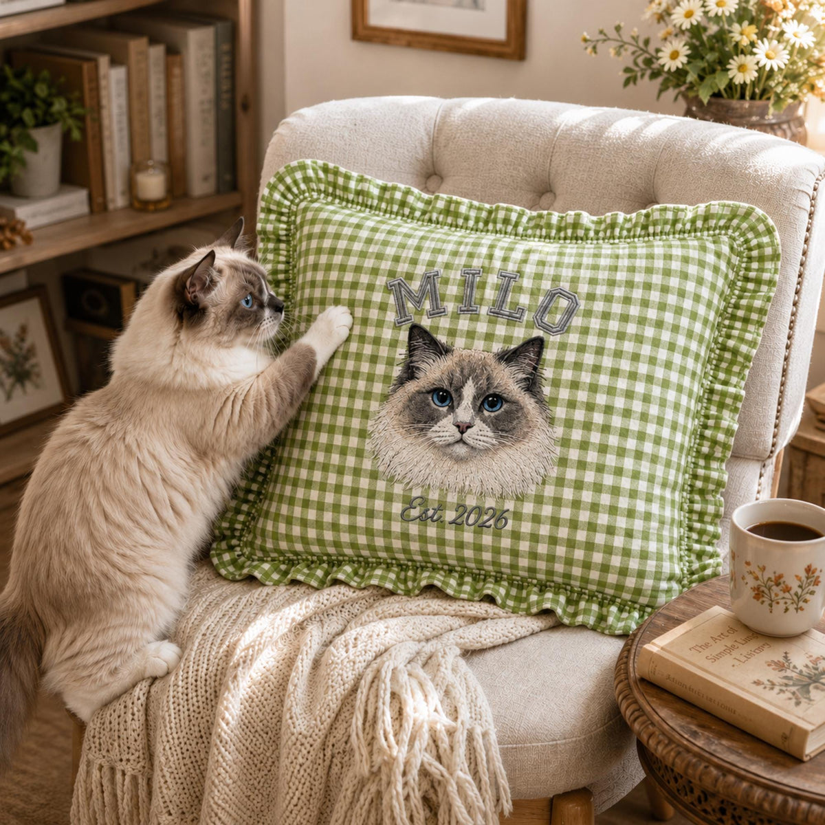 Embroidered Custom Dog Cat Name Photo Gingham Ruffle Pillowcase, Personalized Pet Face Pillow Cover, Pet Lover Keepsake, Housewarming Gift