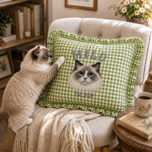Embroidered Custom Dog Cat Name Photo Gingham Ruffle Pillowcase, Personalized Pet Face Pillow Cover, Pet Lover Keepsake, Housewarming Gift
