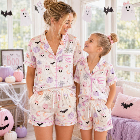 Custom Name Ghost Pumpkin Black Cat Satin Pajama Set, Personalized Family Halloween Sleepwear, Spooky Season Gift, Fall Loungewear