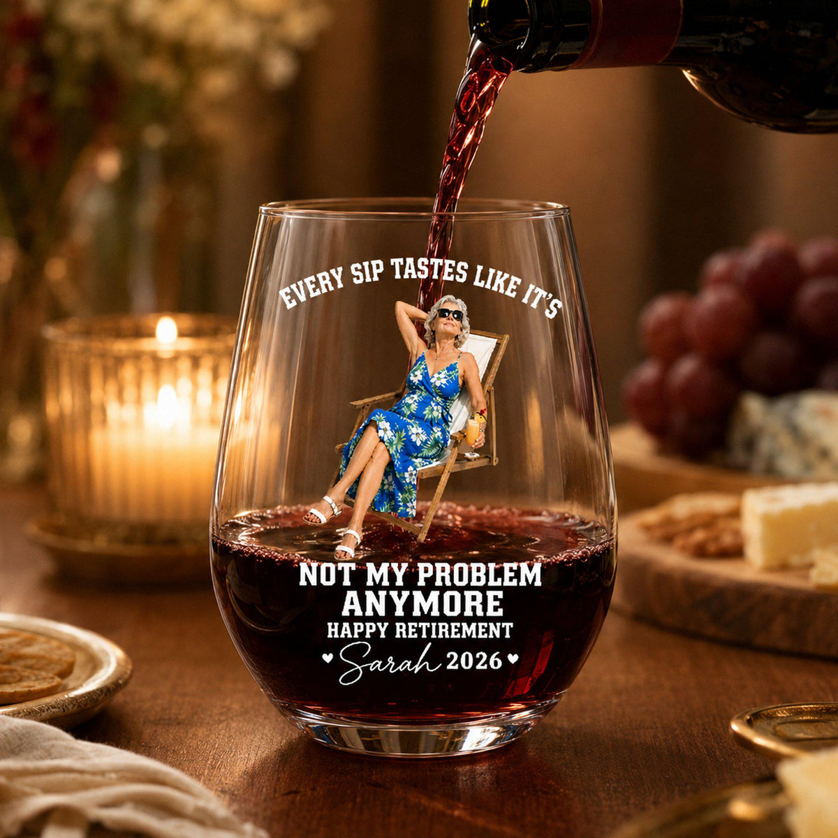 Custom Photo Happy Retire 2026 Stemless Glass, Every Sip Tastes Like It's Not My Problem Anymore Wine Glass, Happy Retirement Decorations