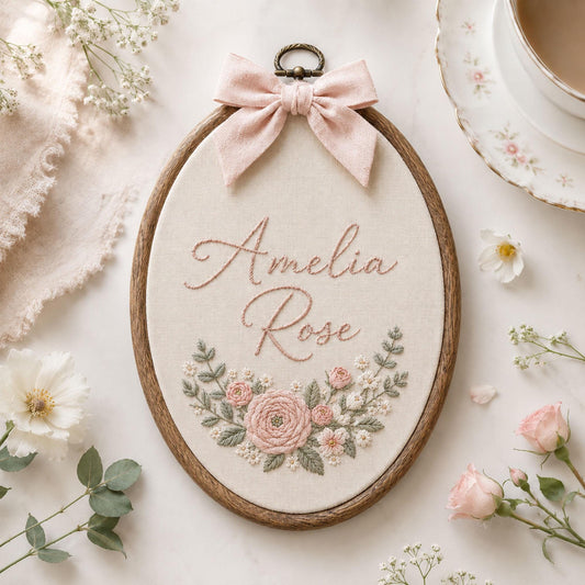 Custom Hand Embroidered Baby Name & Wildflower Hoop Sign, Personalized Embroidery Baby Nursery Wall Decor, Baby Announcement, Newborn Gift