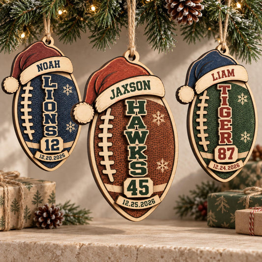 Personalized Football 2 Layer Wood Ornament, Custom Player Name Team Jersey Number Colors and Special Date Christmas Sports Keepsake Gift