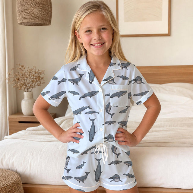 Blue Whale Print Pajama Set, Ocean Animal Loungewear, Matching Family Pajamas Women Kids Toddler, Nautical Sea Life Short Long Set Sleepwear