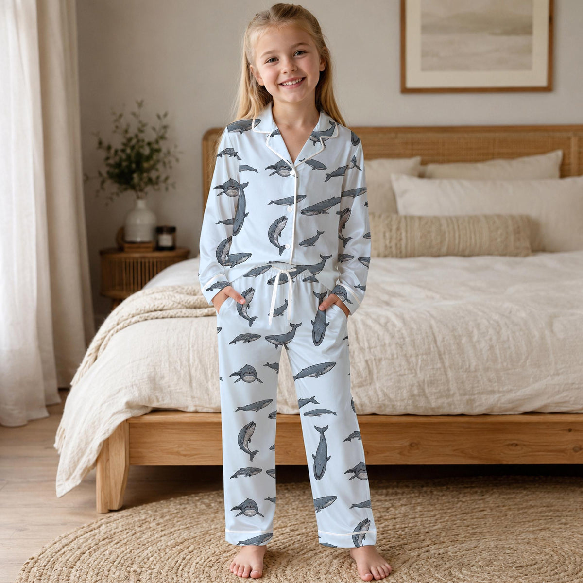Blue Whale Print Pajama Set, Ocean Animal Loungewear, Matching Family Pajamas Women Kids Toddler, Nautical Sea Life Short Long Set Sleepwear