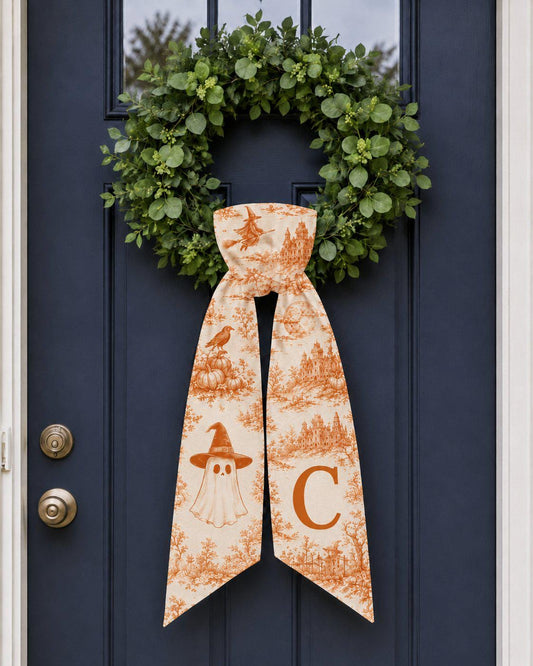 Custom Monogram Halloween Toile De Jouy Door Wreath Sash, Personalized Ghost Bow Door Wreath Sash, Housewarming Gift, Halloween Decor