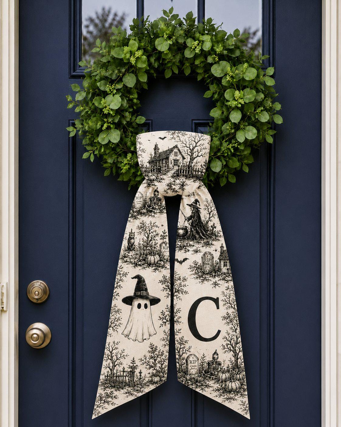 Custom Monogram Halloween Toile De Jouy Door Wreath Sash, Personalized Ghost Bow Door Wreath Sash, Housewarming Gift, Halloween Decor
