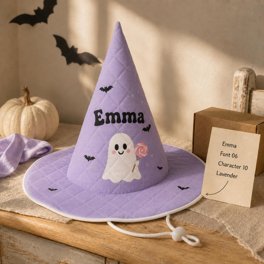 Custom Name Kids Witch Hat, Personalized Cute Ghost Purple Quilted Halloween Costume Hat for Girls and Toddlers, Halloween Gift For Kid