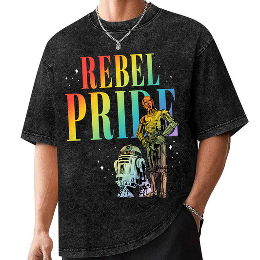 Rebel Pride Retro Galaxy Shirt, Rainbow Space Droids Graphic Tee, Vintage Golden Android Sci-Fi Top, Nostalgic Pop Culture Rainbow T-Shirt