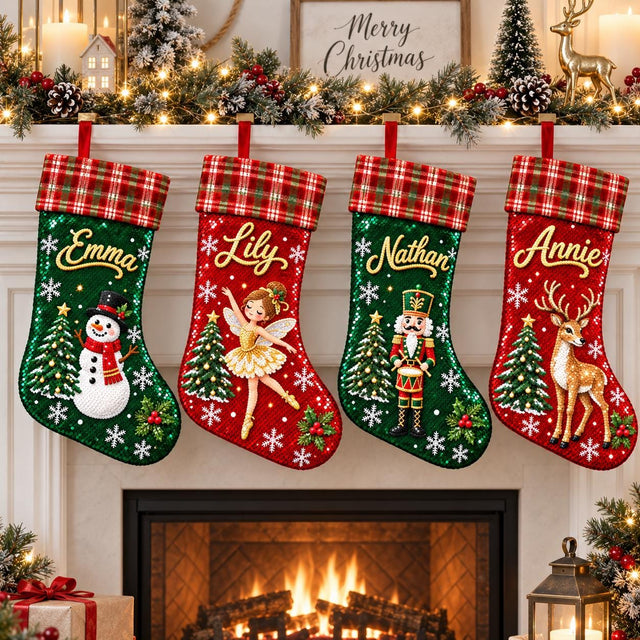 Personalized Christmas Stocking, Custom Name Xmas Stocking, Sequin Holiday Stocking, Santa Snowman Nutcracker Reindeer Christmas Decor