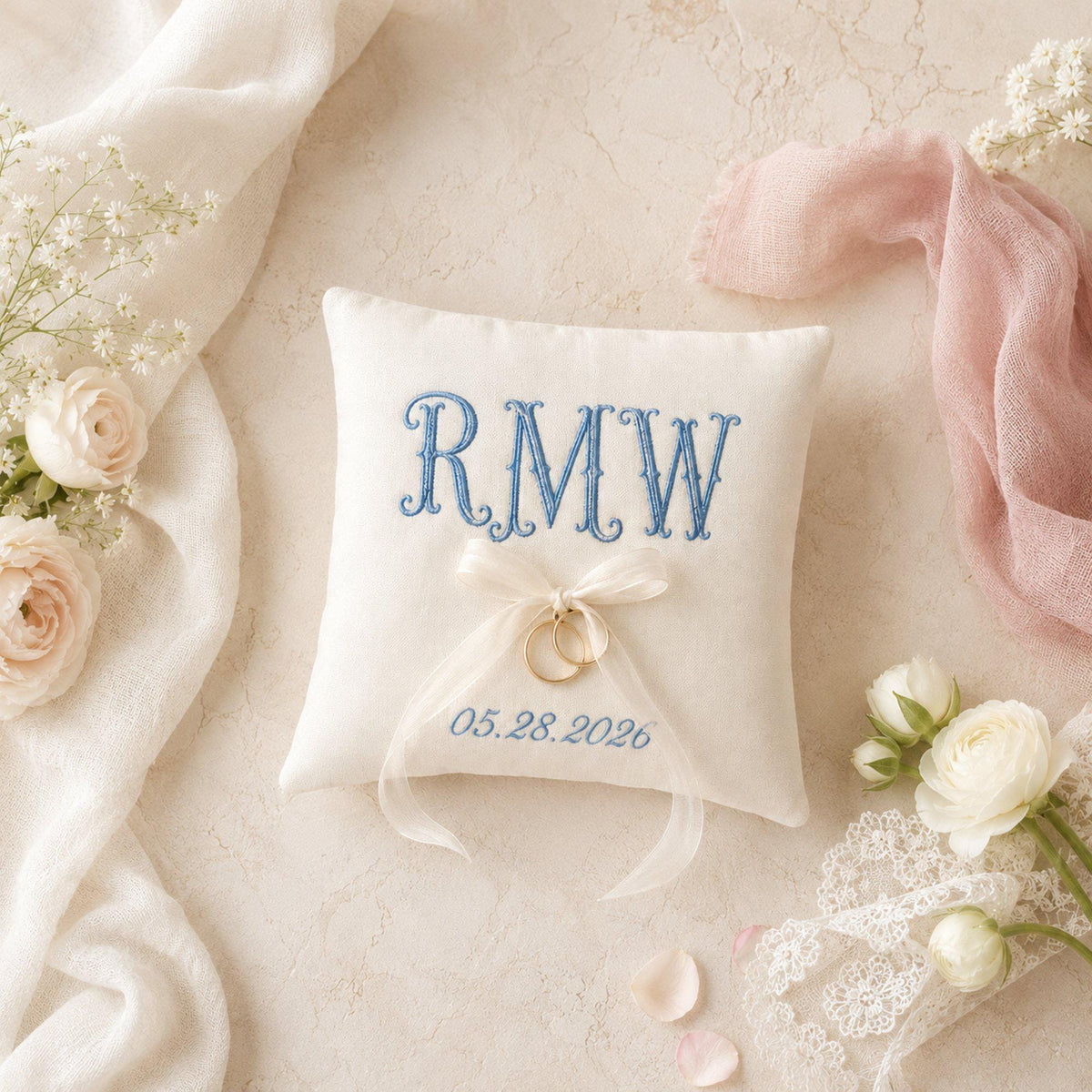 Custom Hand Embroidery Monogram & Date Ring Bearer Pillow, Personalized Embroidered Innitials Linen Wedding Cushion, Ring Holder Pillow Gift